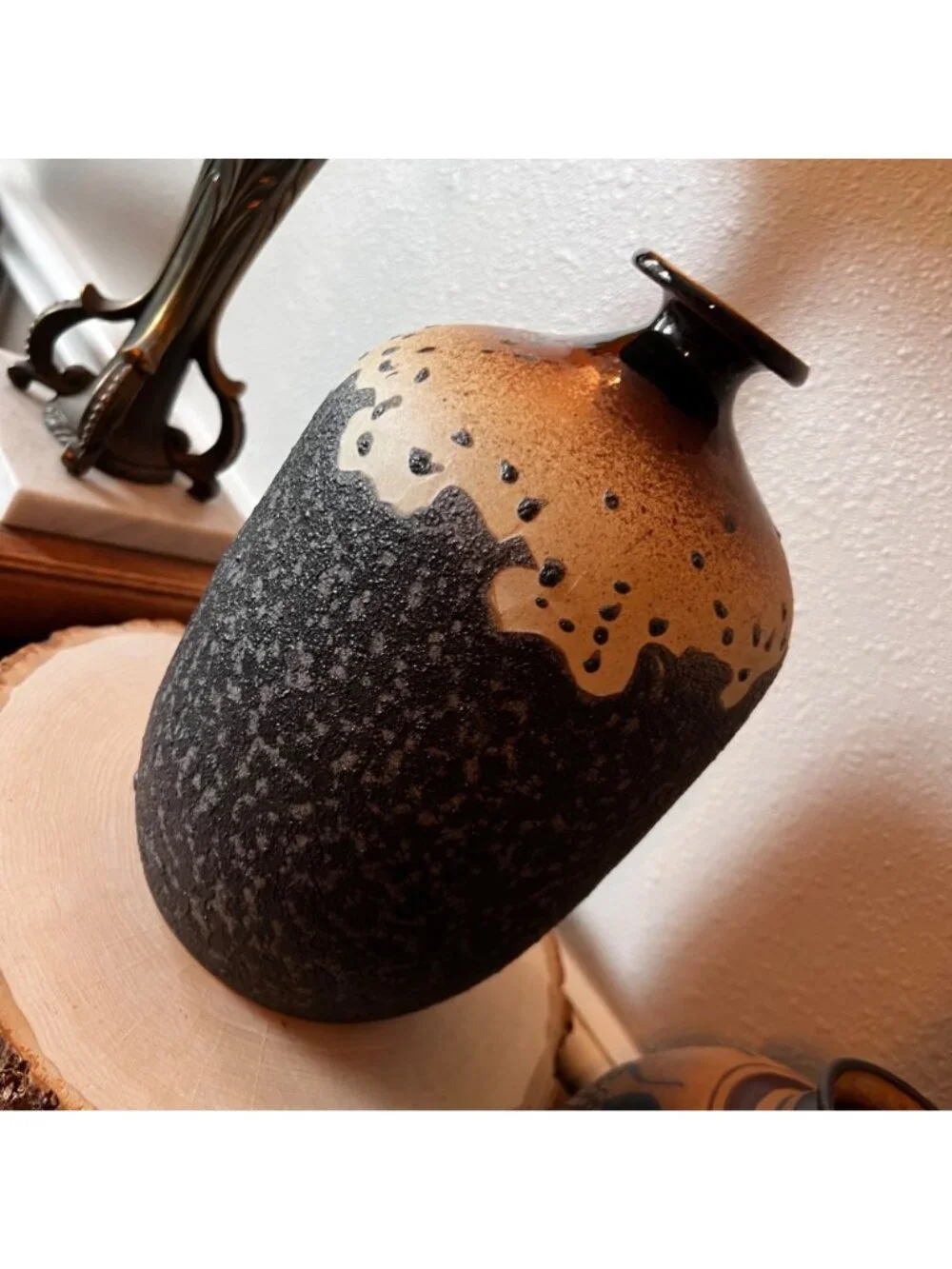 Vintage Carved Textured Glaze Stoneware vase 9.5 Tall